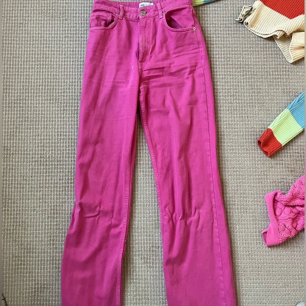 Hot pink full length pant. Can be adjusted with leg because of raw hem